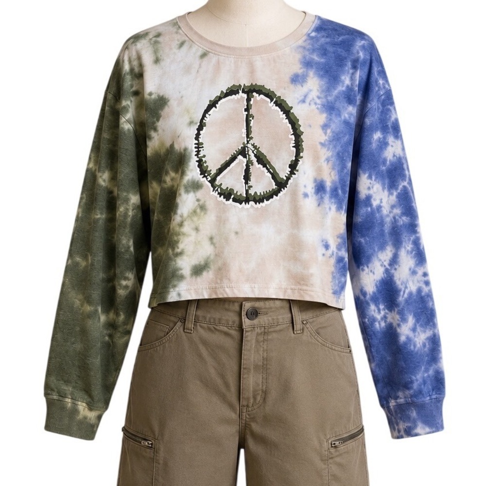Jolie & Joy‎ Peace Sign Tie Dye Cropped Sweatshirt Blue Green XL
